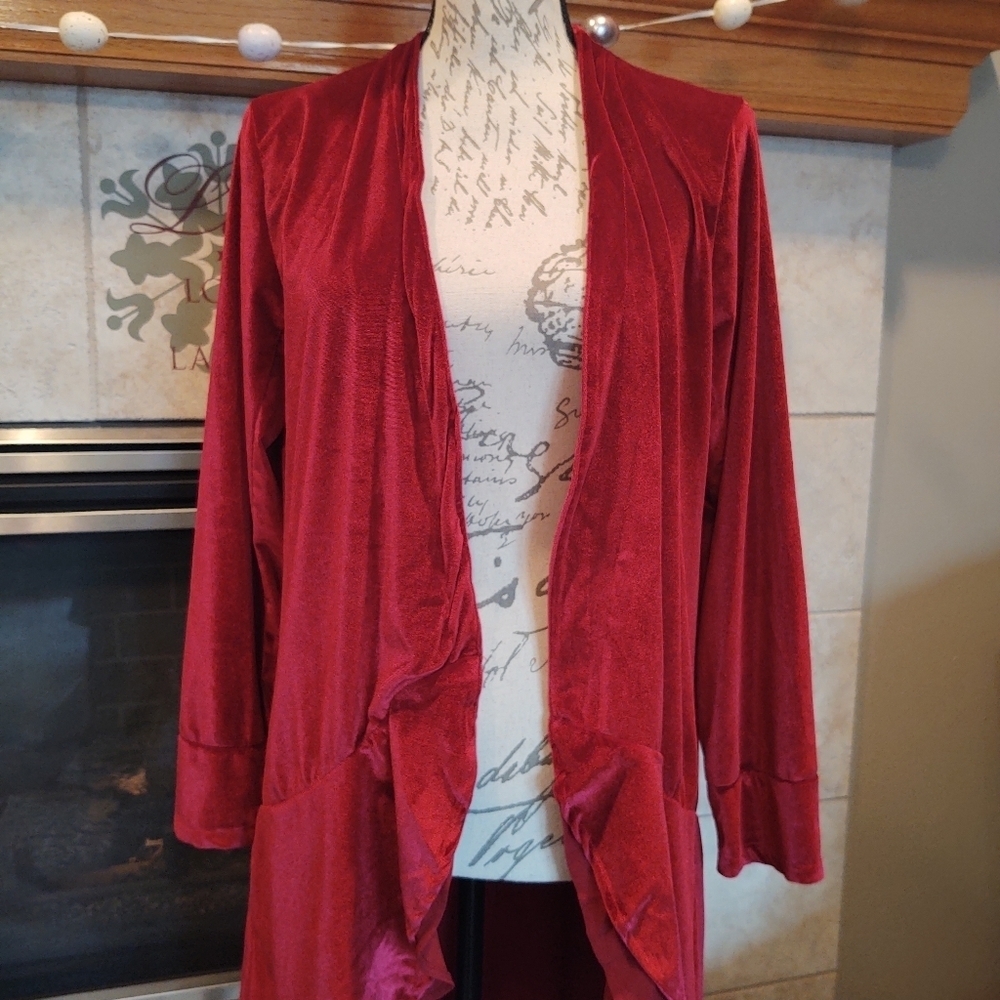Women's Open Front Velvet Duster Cardigan - Deep Magenta - Picture 4 of 12